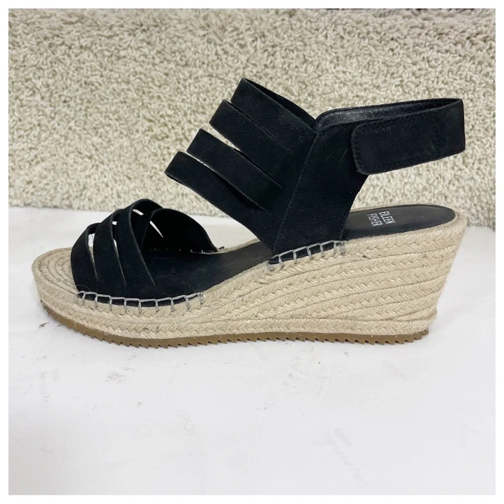Eileen Fisher LARGO Espadrille Wedge Sandal Women's Black Leather 9 Platform